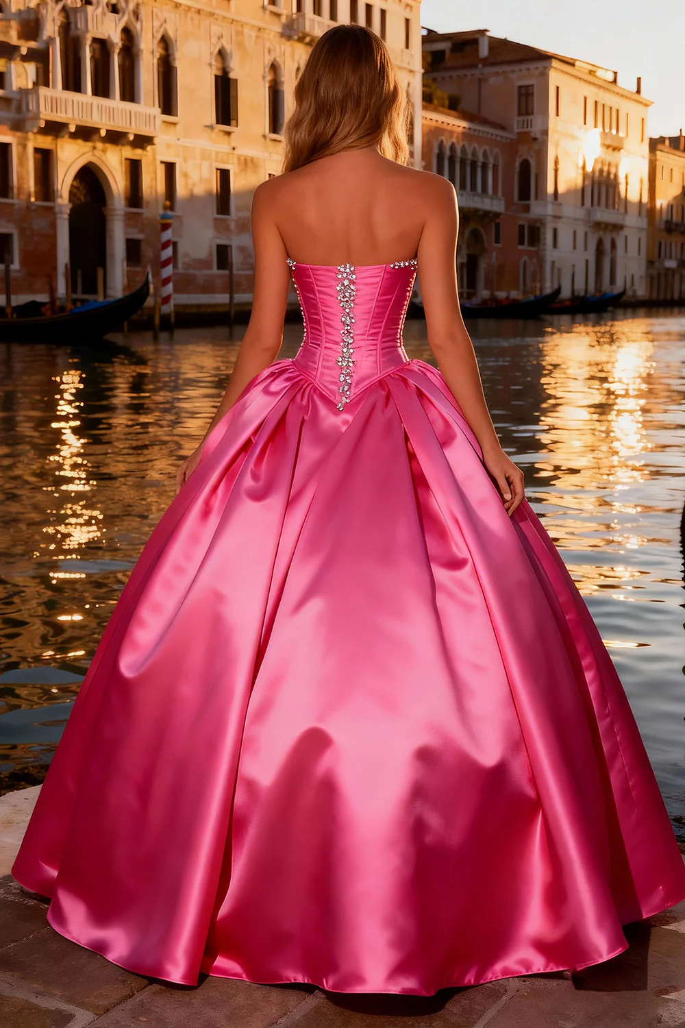Corset sans bretelles robe de bal rose vif - Image 2