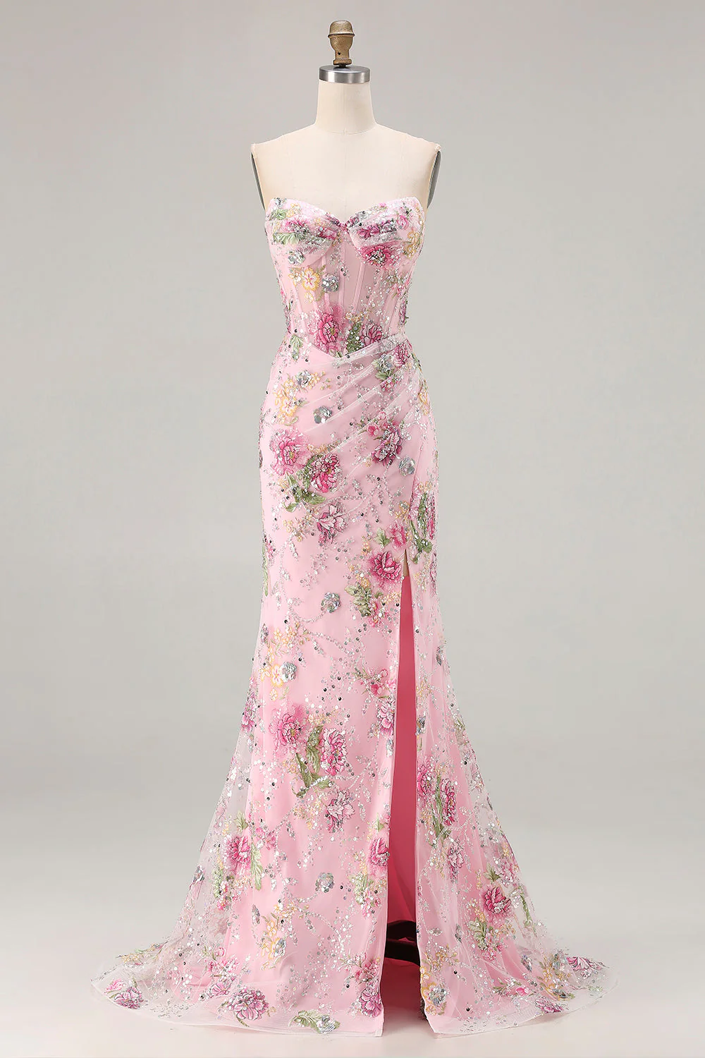 Corset sans bretelles rose à la sirène florale longue robe de bal grande taille avec fente - Image 3