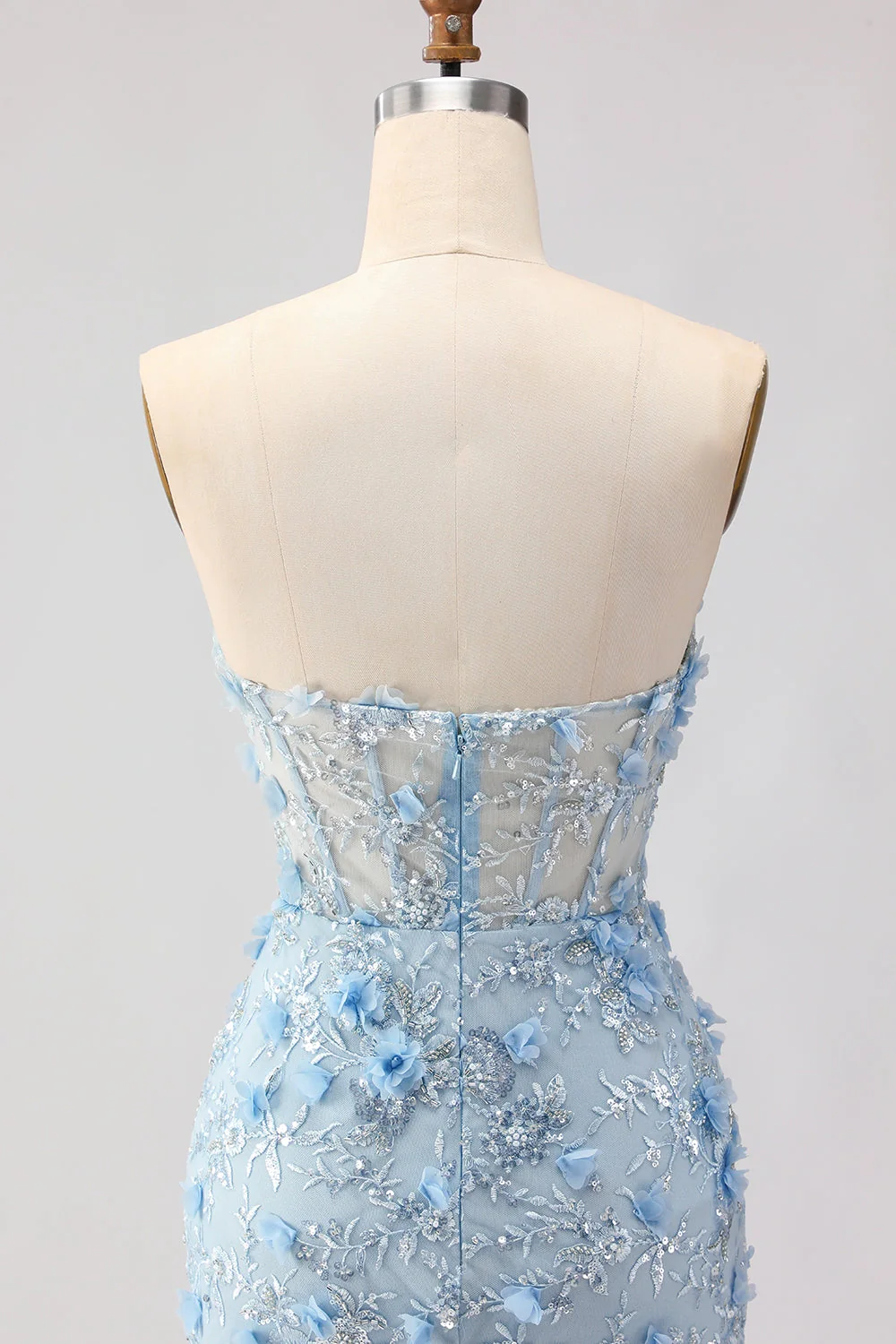 Corset sans bretelles sirène bleu fleurs 3D à sequins robe de bal longue avec fente - Image 7
