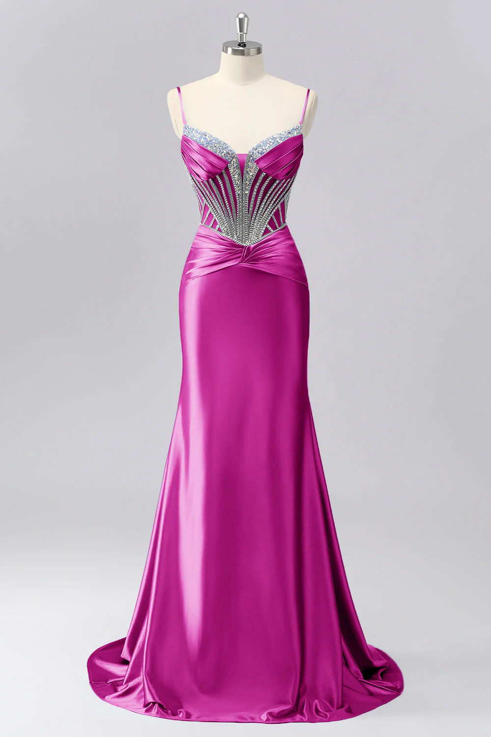 Robe de soirée sirène froncée en satin gris bleu corset scintillant décorée de strass - Image 15