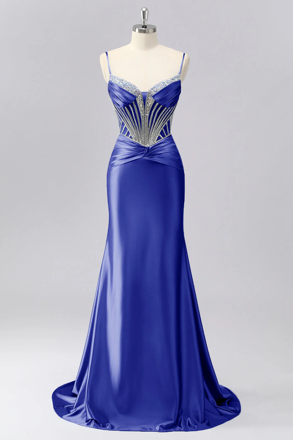 Robe de soirée sirène froncée en satin gris bleu corset scintillant décorée de strass - Image 23