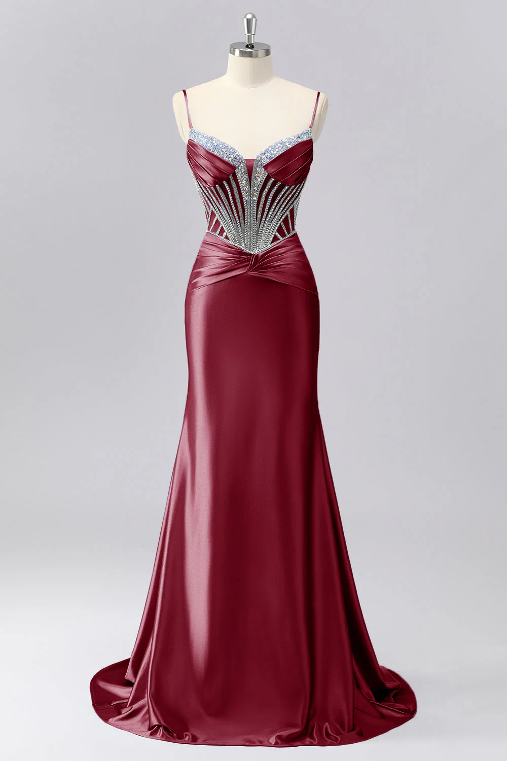 Robe de soirée sirène froncée en satin gris bleu corset scintillant décorée de strass - Image 9