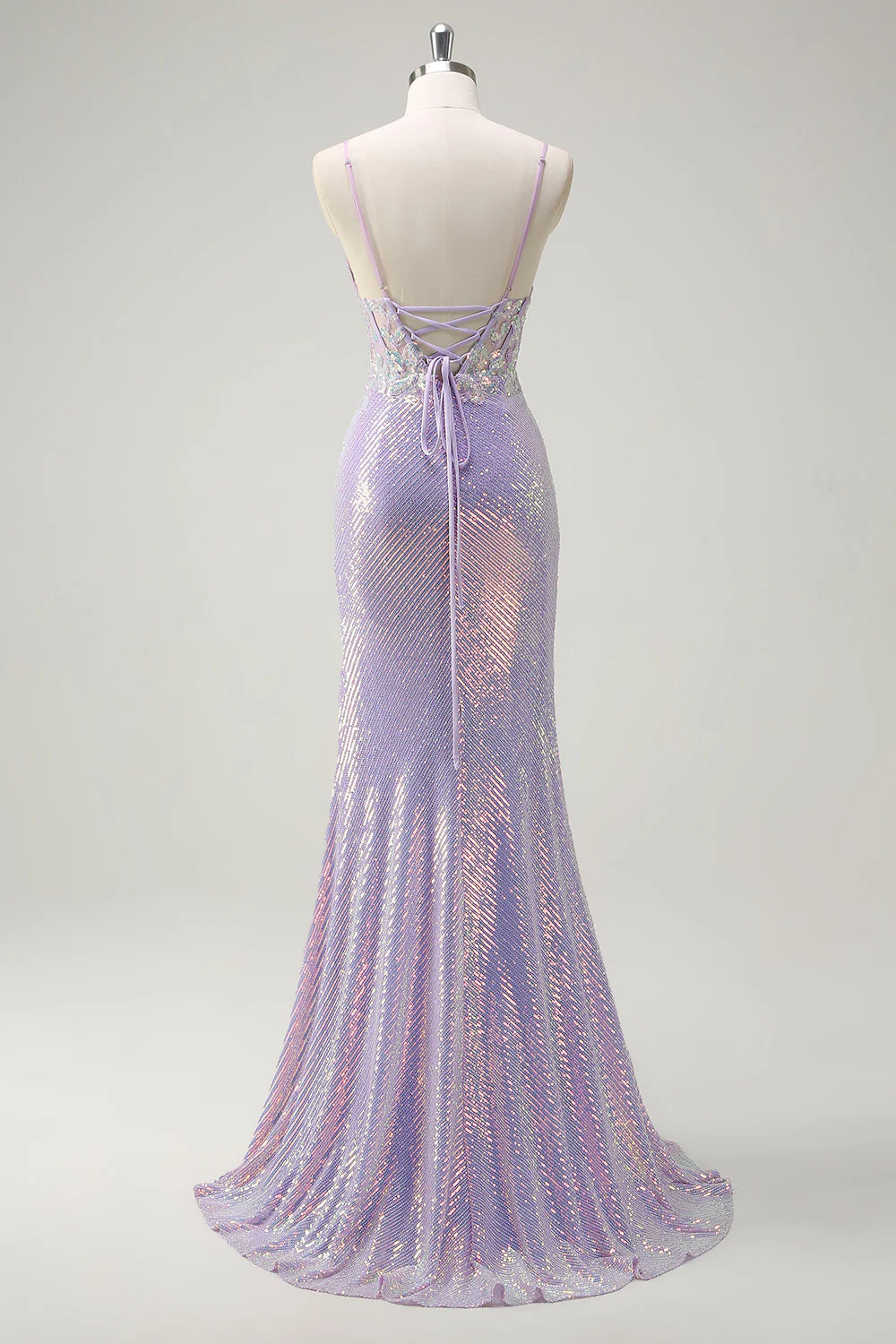 Robe de soirée sirène lilas scintillant bustier à bretelles fines avec fente - Image 2