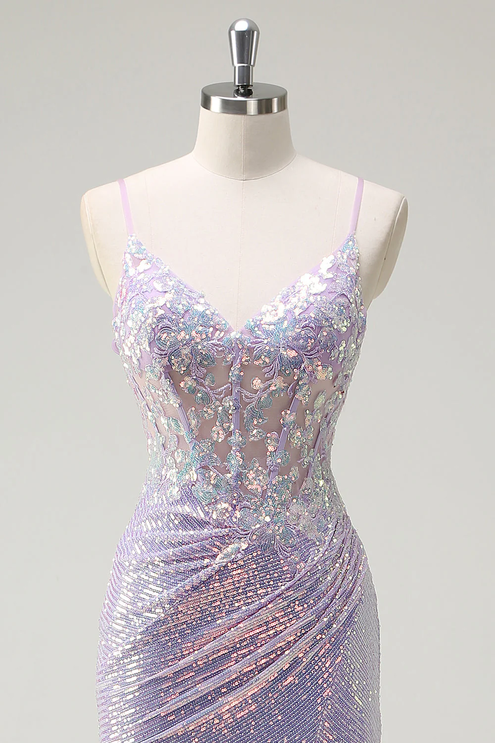 Robe de soirée sirène lilas scintillant bustier à bretelles fines avec fente - Image 4