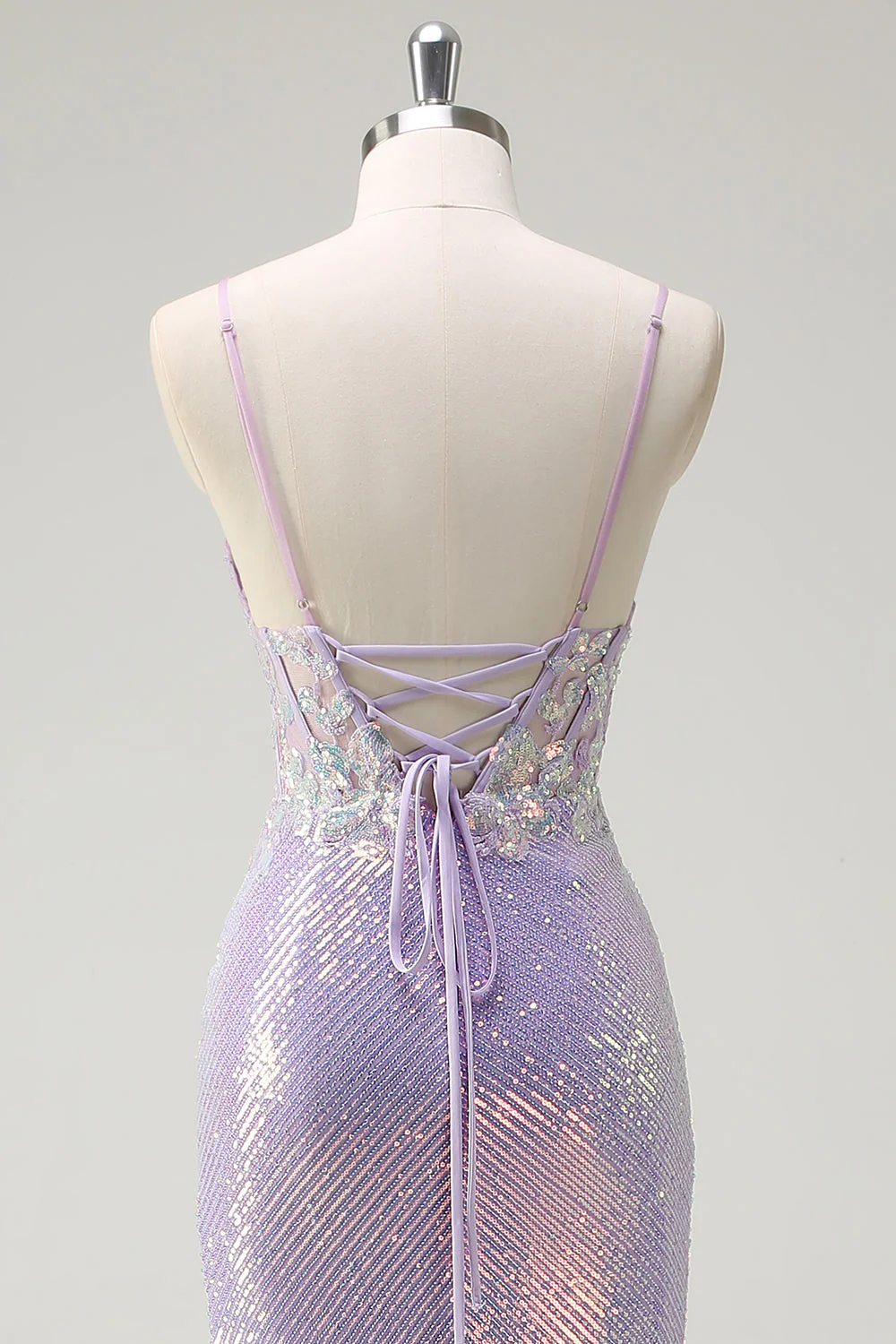 Robe de soirée sirène lilas scintillant bustier à bretelles fines avec fente - Image 5