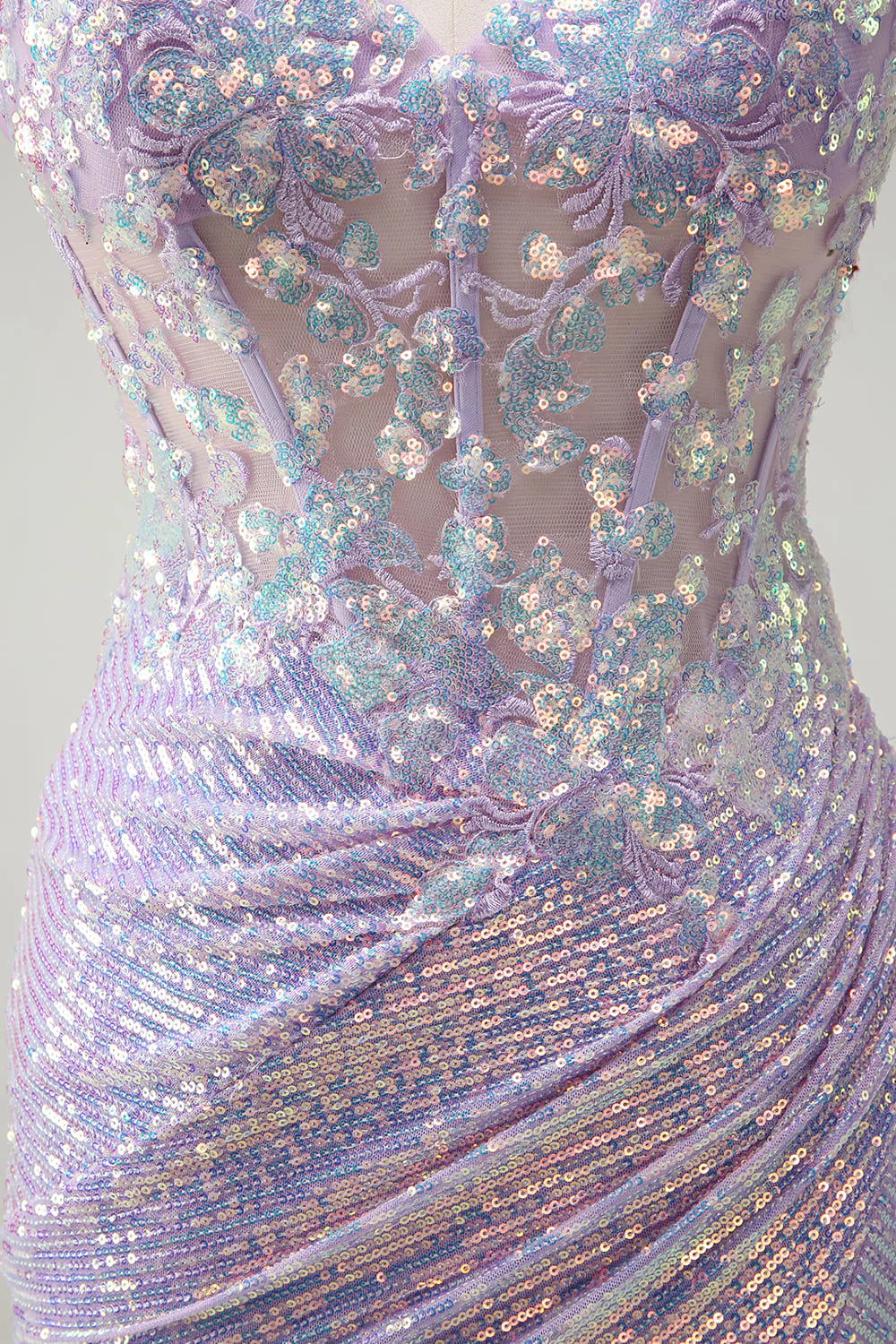 Robe de soirée sirène lilas scintillant bustier à bretelles fines avec fente - Image 7
