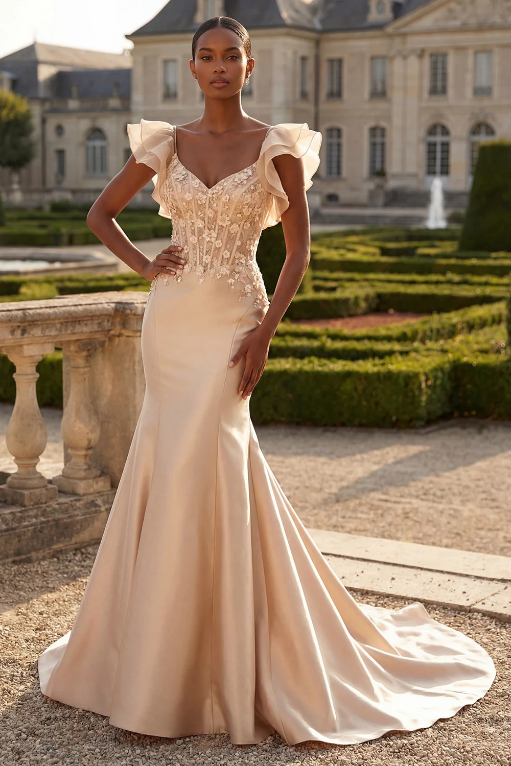 Corset sirène à blush en satin à col en V avec une longue robe de bal avec des fleurs 3D
