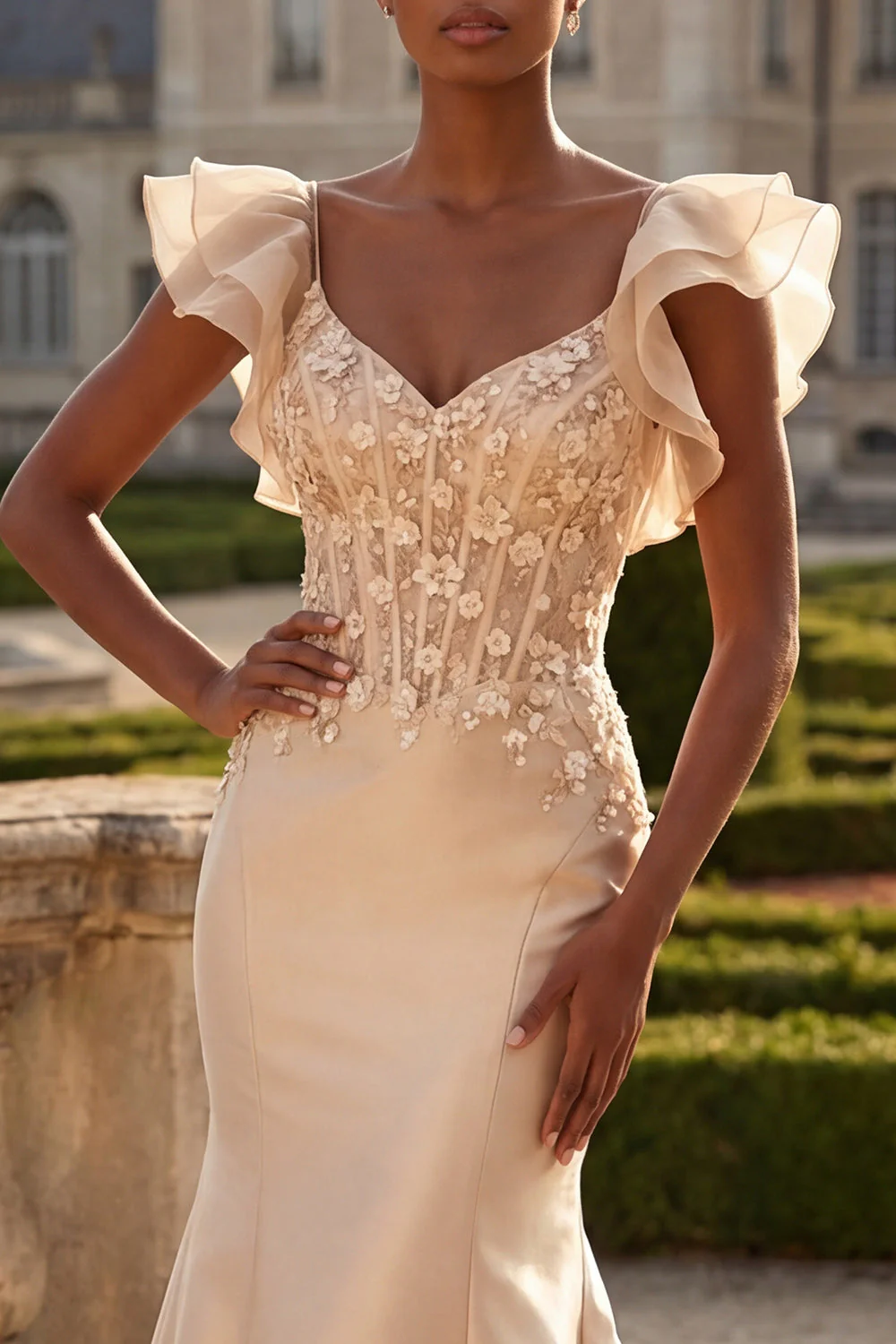 Corset sirène à blush en satin à col en V avec une longue robe de bal avec des fleurs 3D - Image 3