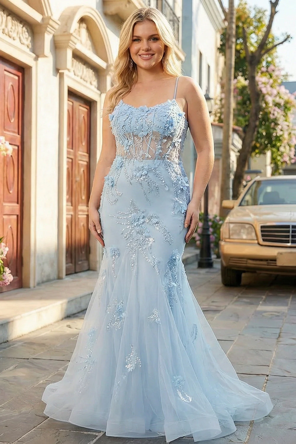 Corset Sirène bleu en tulle longue robe de bal grande taille avec fleurs 3D