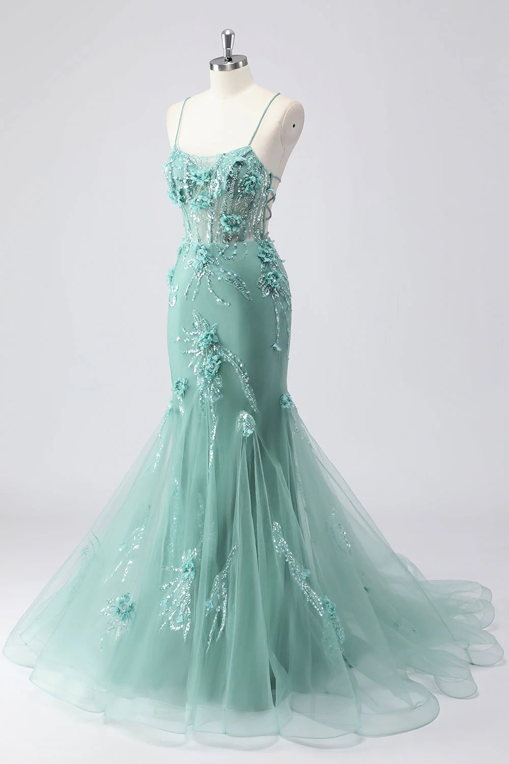 Corset Sirène bleu en tulle longue robe de bal grande taille avec fleurs 3D - Image 10