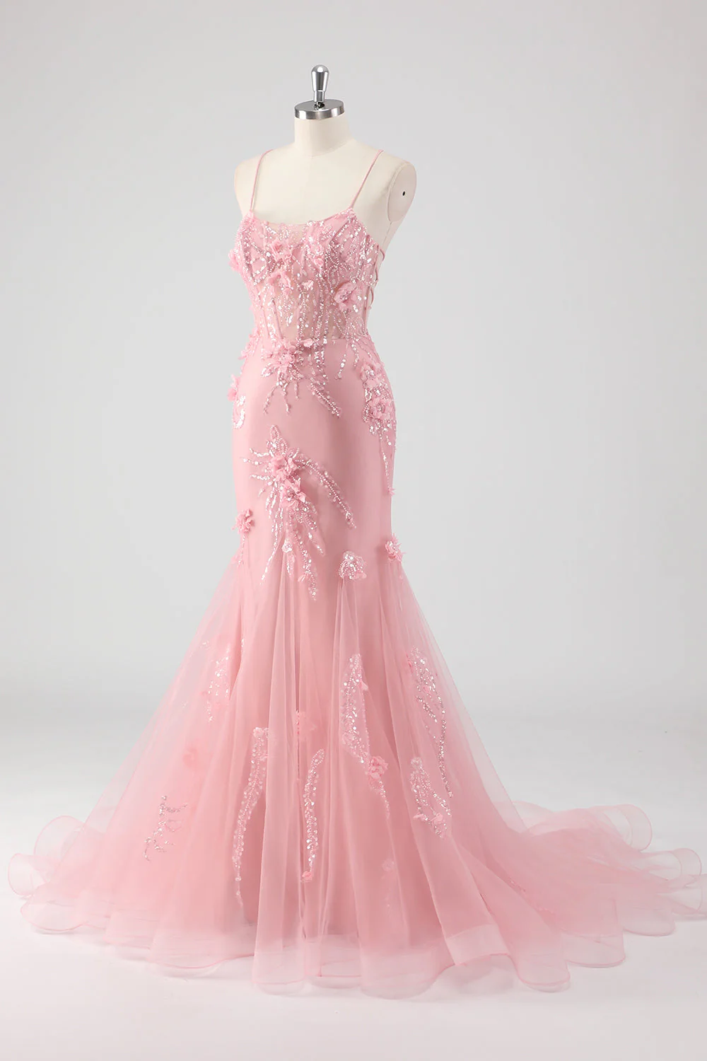 Corset Sirène bleu en tulle longue robe de bal grande taille avec fleurs 3D - Image 13