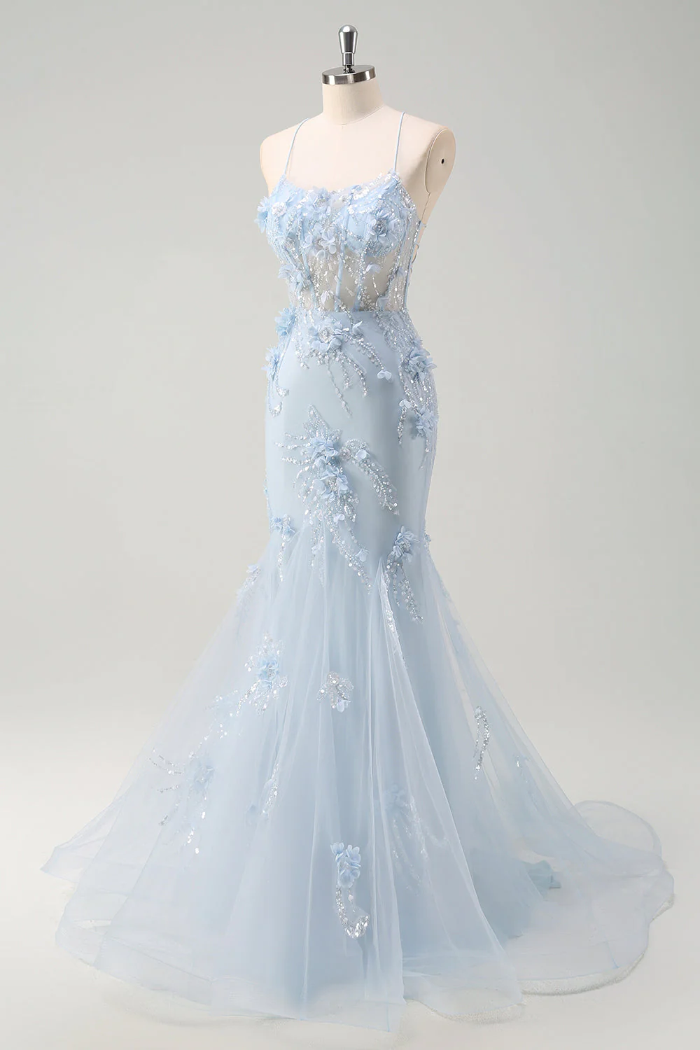 Corset Sirène bleu en tulle longue robe de bal grande taille avec fleurs 3D - Image 7