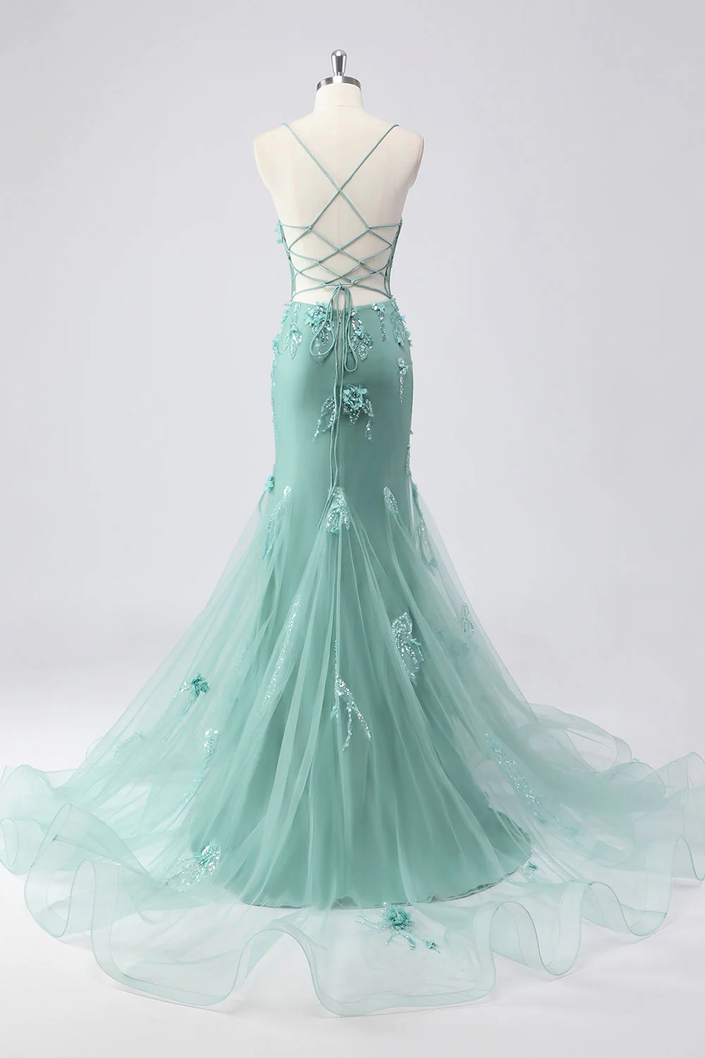 Corset Sirène bleu en tulle longue robe de bal grande taille avec fleurs 3D - Image 9