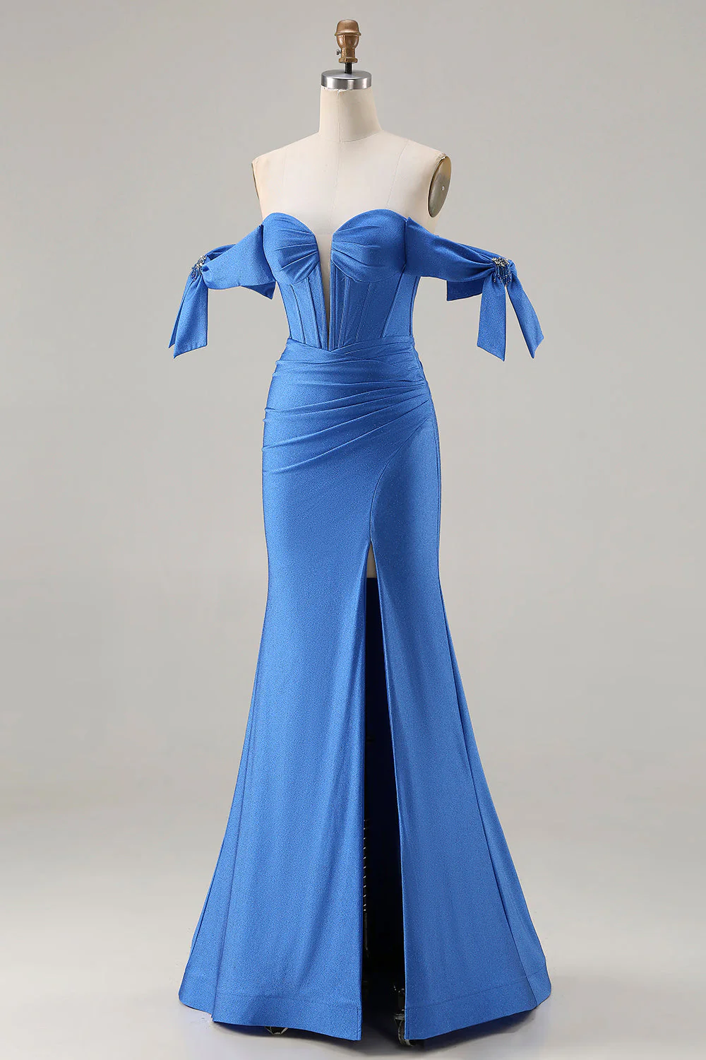 Corset sirène bleu royal décalé robe longue de bal en satin avec fente - Image 3
