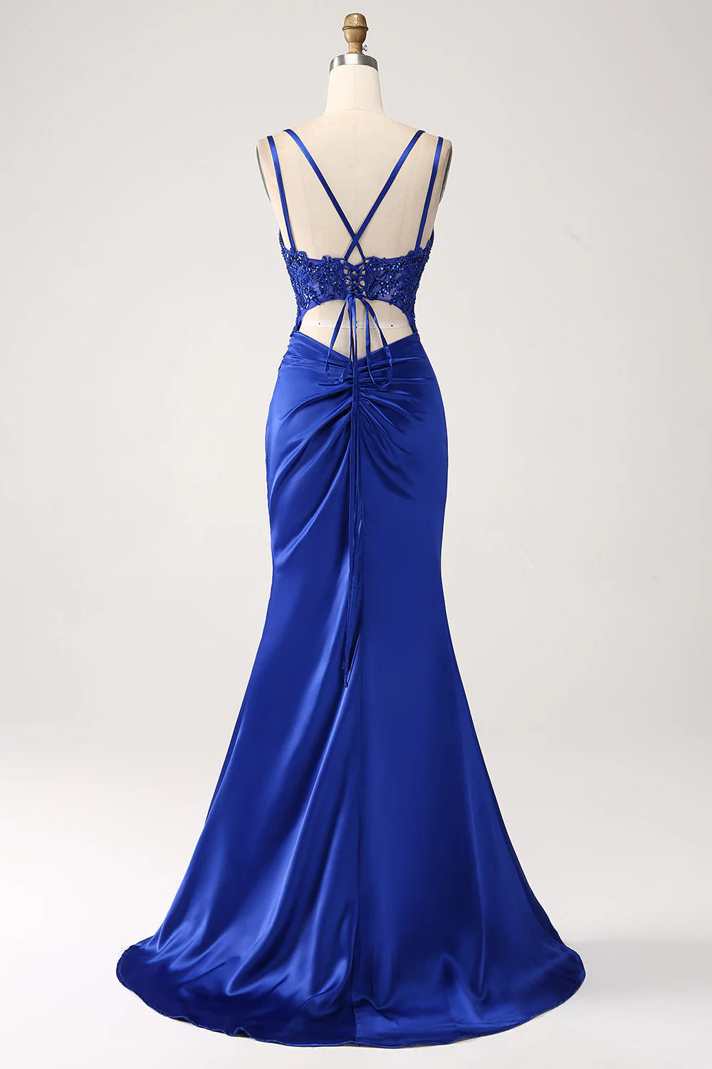 Corset sirène bleu royal perlé longue robe de bal avec fente - Image 2