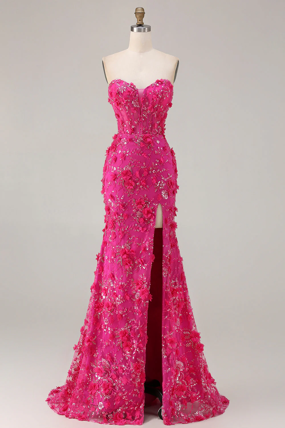 Corset sirène bleu sans bustier 3D fleurs à sequins robe de bal longue avec fente - Image 9