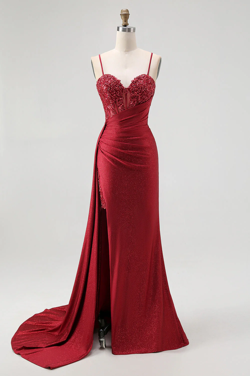 Corset sirène bourgogne scintillante robe de bal longue à sequins avec perles - Image 3