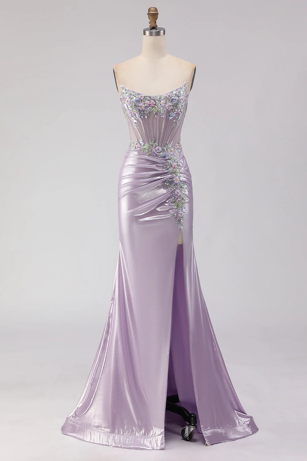 Robe de soirée sirène longue bustier perlé violet clair avec fente