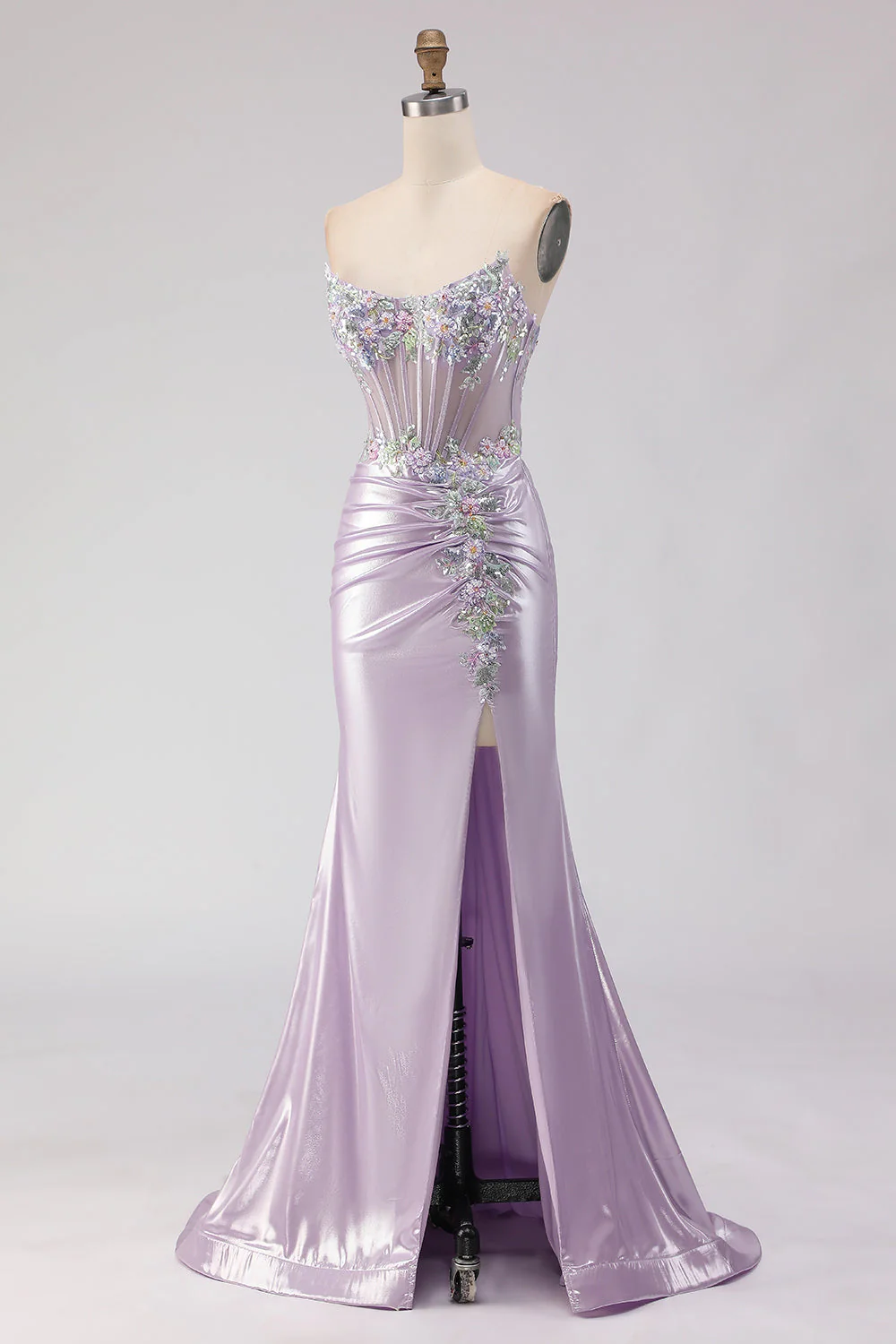 Robe de soirée sirène longue bustier perlé violet clair avec fente - Image 3