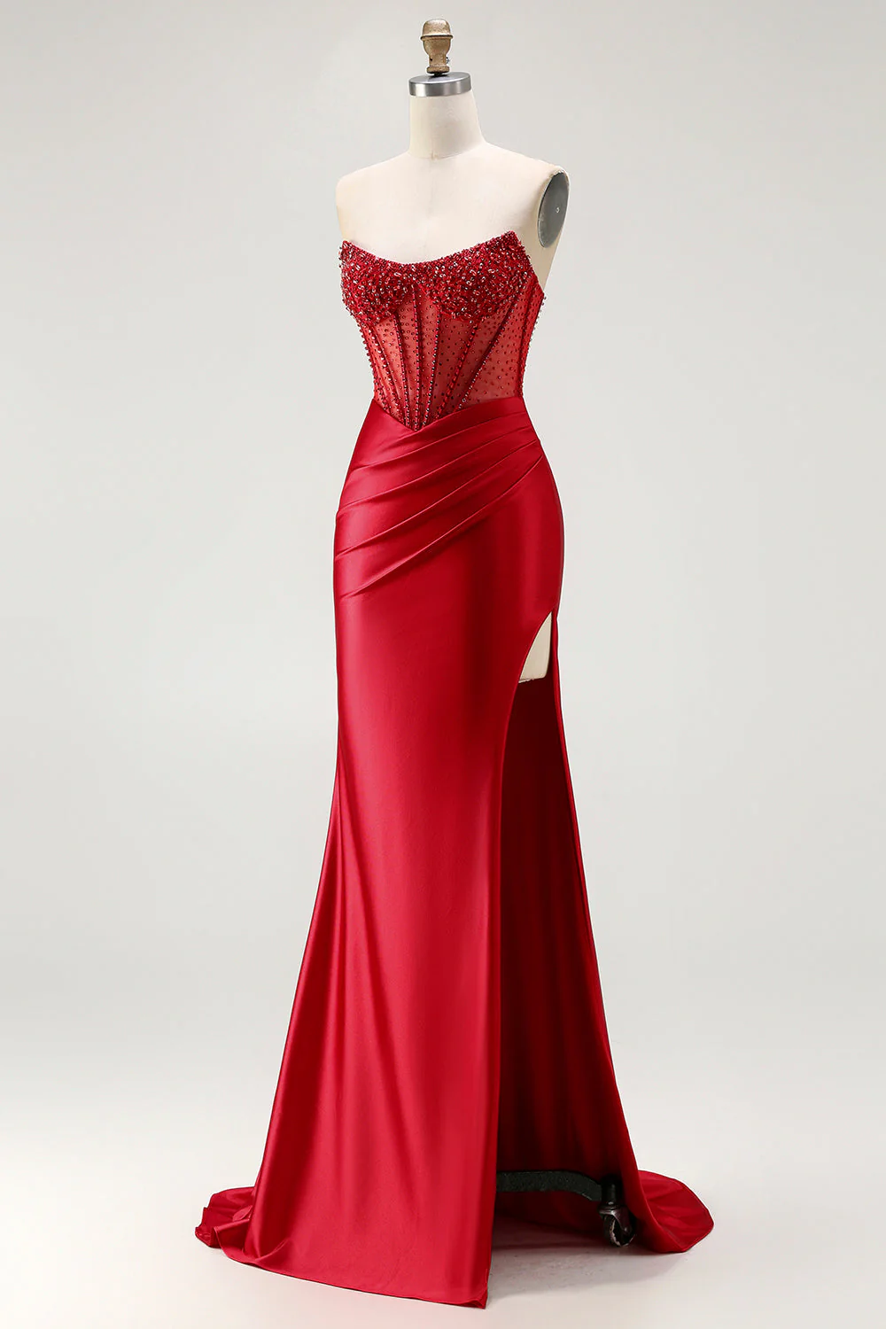 Corset sirène bustier rouge, robe longue de bal en satin froncé perlée avec fente - Image 3