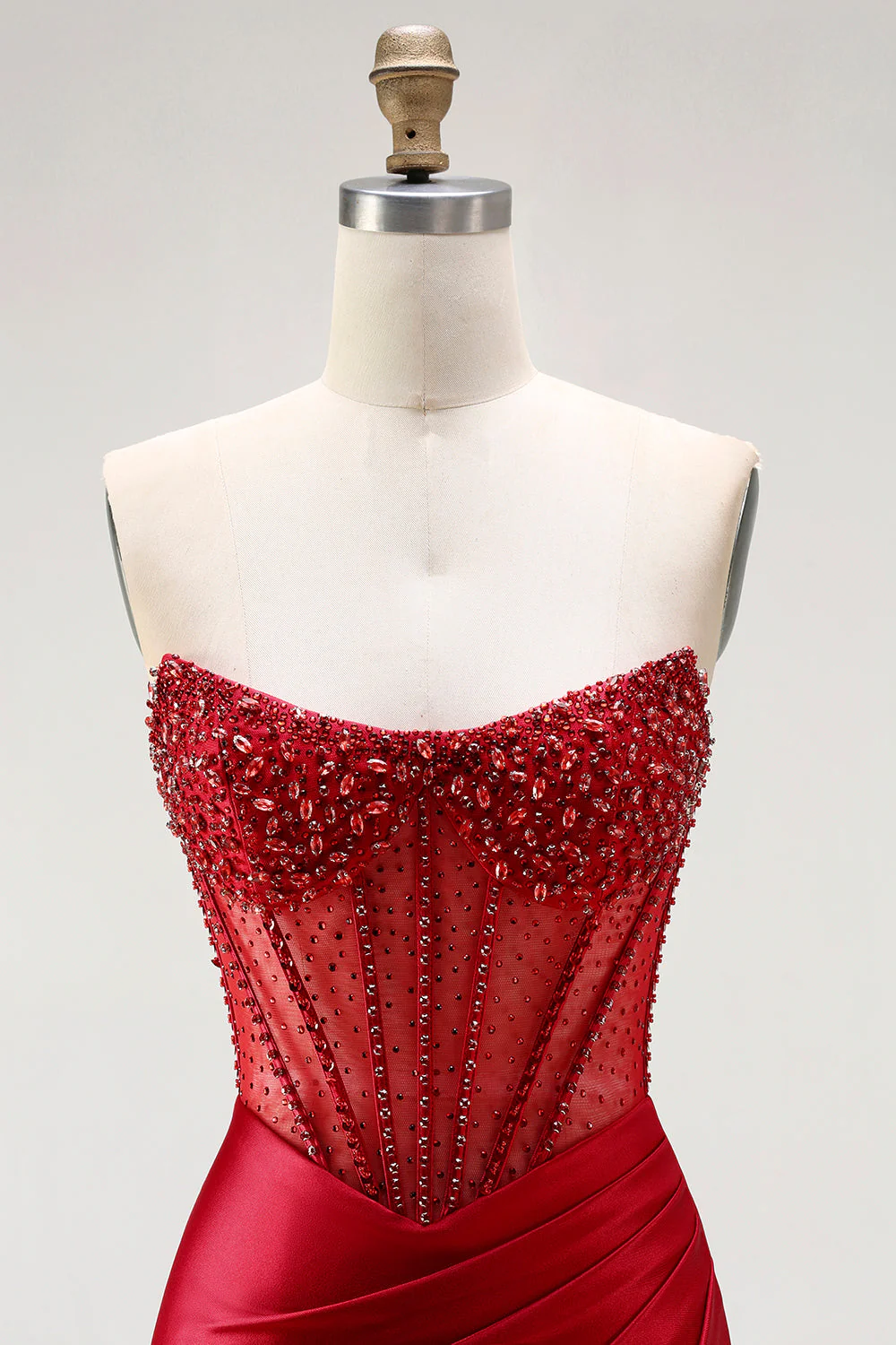 Corset sirène bustier rouge, robe longue de bal en satin froncé perlée avec fente - Image 4