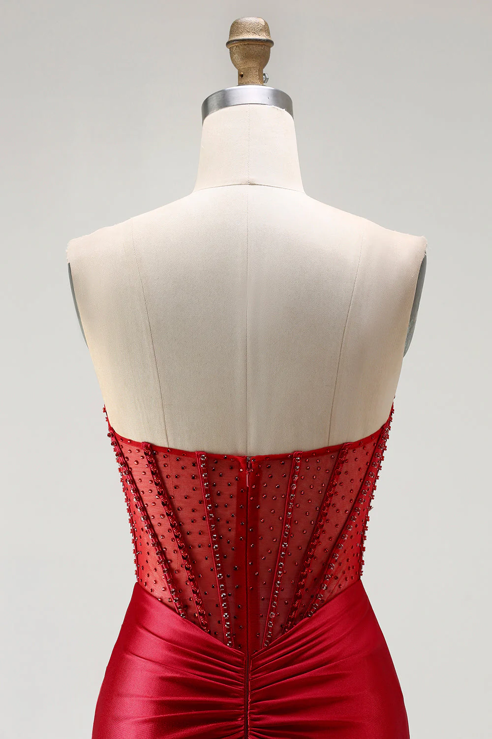 Corset sirène bustier rouge, robe longue de bal en satin froncé perlée avec fente - Image 5