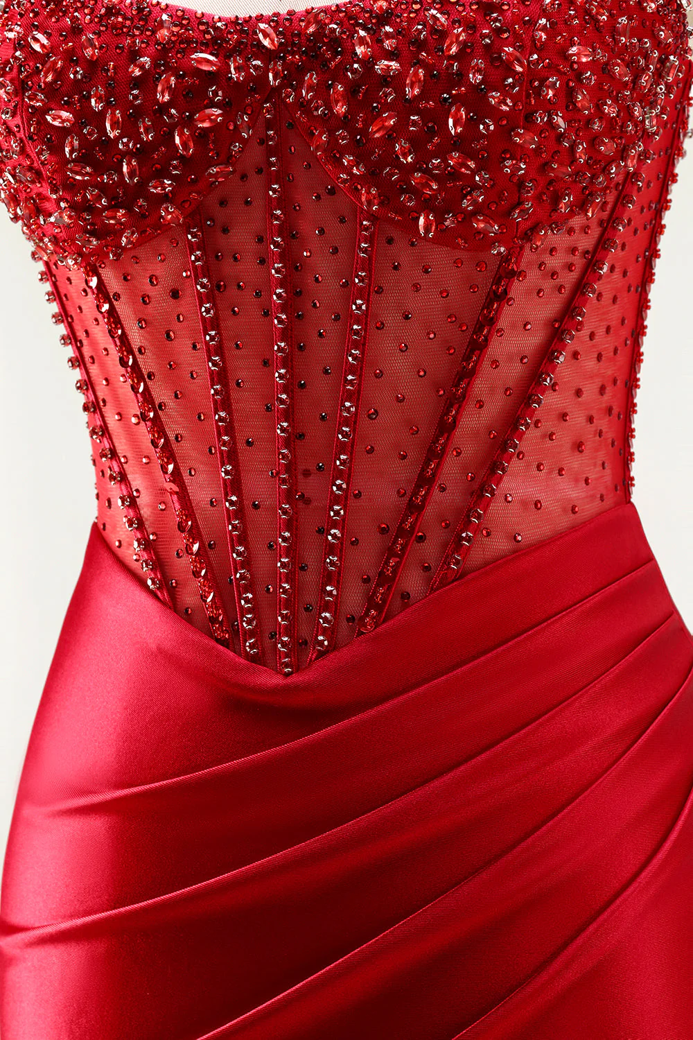 Corset sirène bustier rouge, robe longue de bal en satin froncé perlée avec fente - Image 7