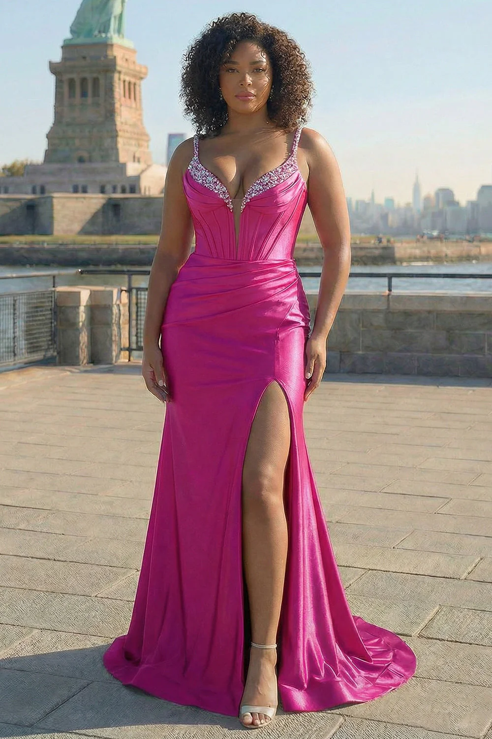 Corset sirène en fuchsia robe de bal grande taille avec fente