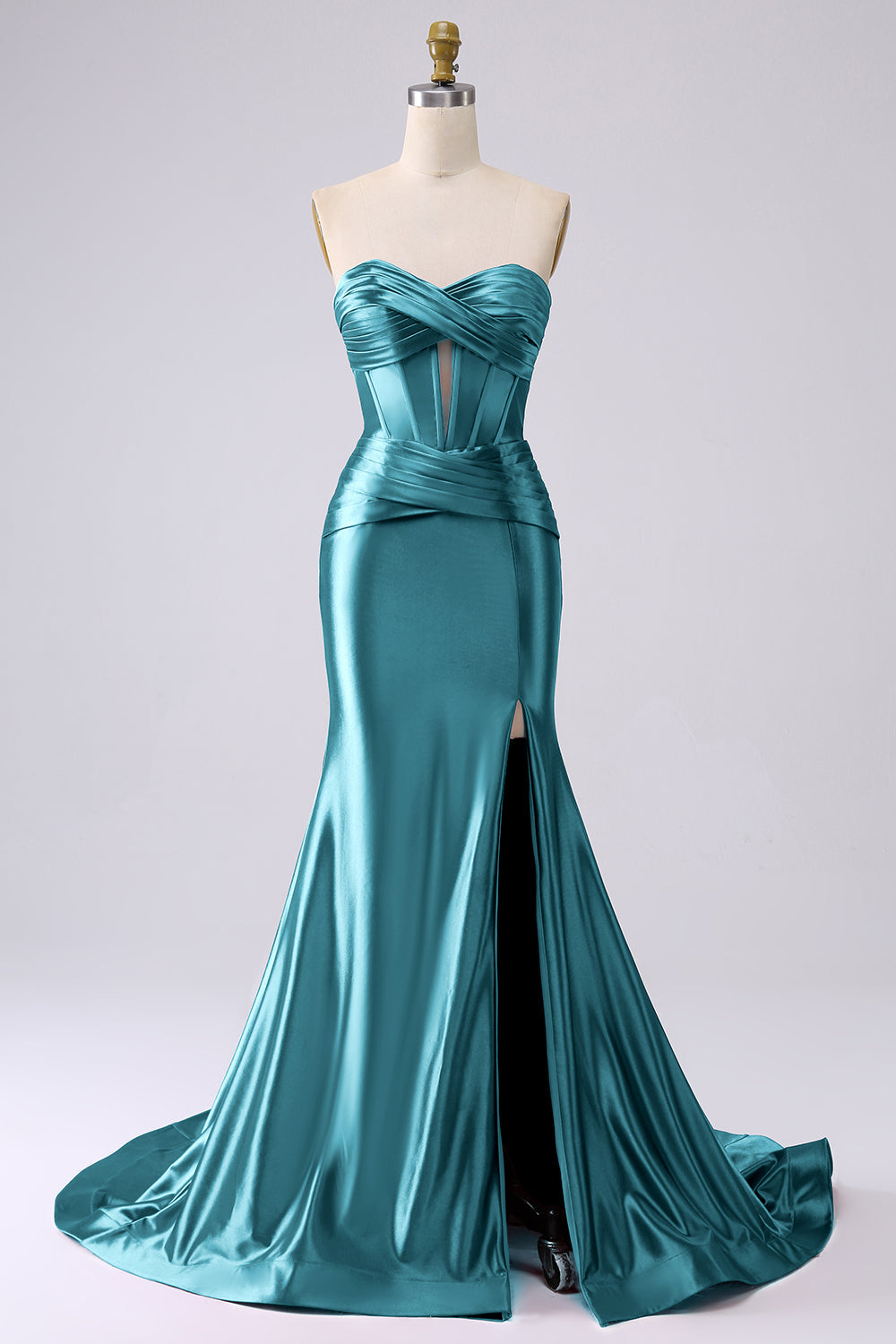 Corset sirène en satin sans bretelles fuchsia longue robe de bal taille PLus avec fente - Image 10