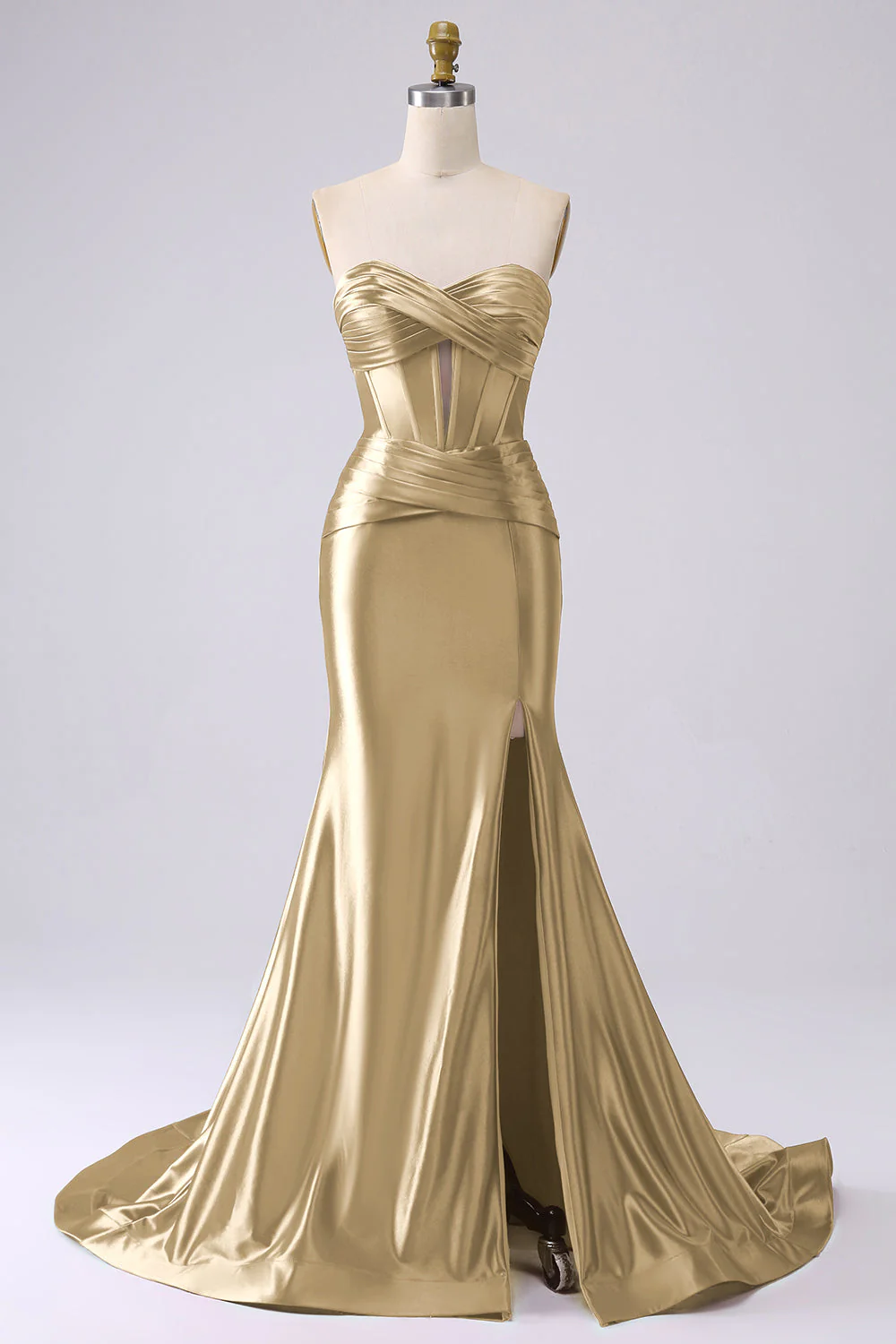 Corset sirène en satin sans bretelles fuchsia longue robe de bal taille PLus avec fente - Image 18