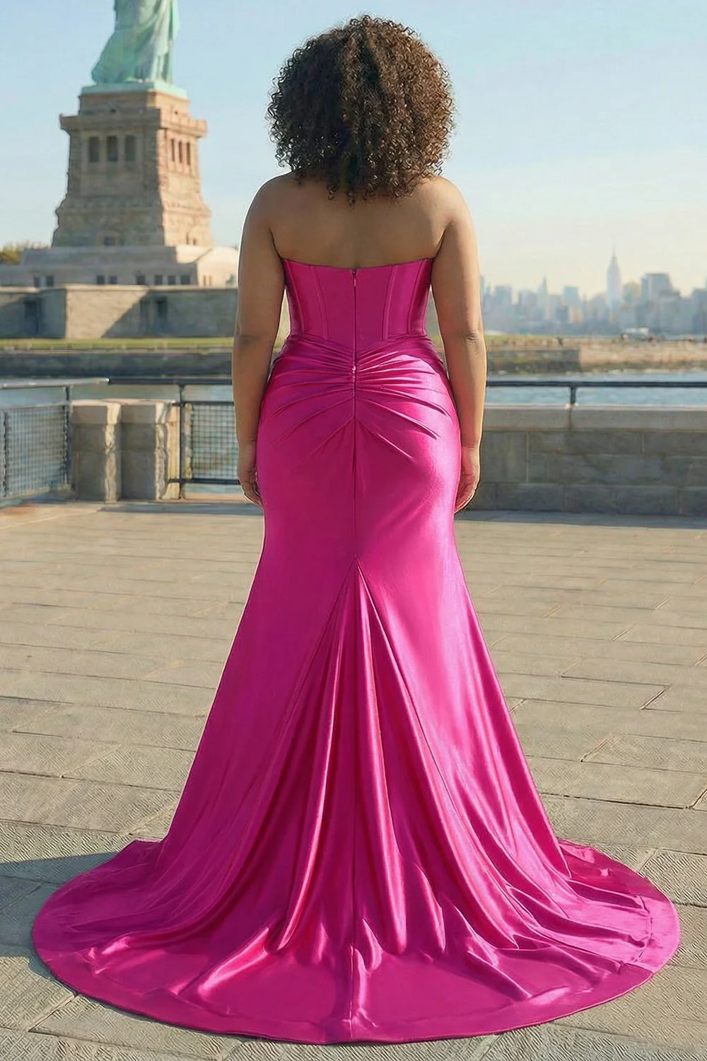 Corset sirène en satin sans bretelles fuchsia longue robe de bal taille PLus avec fente - Image 2