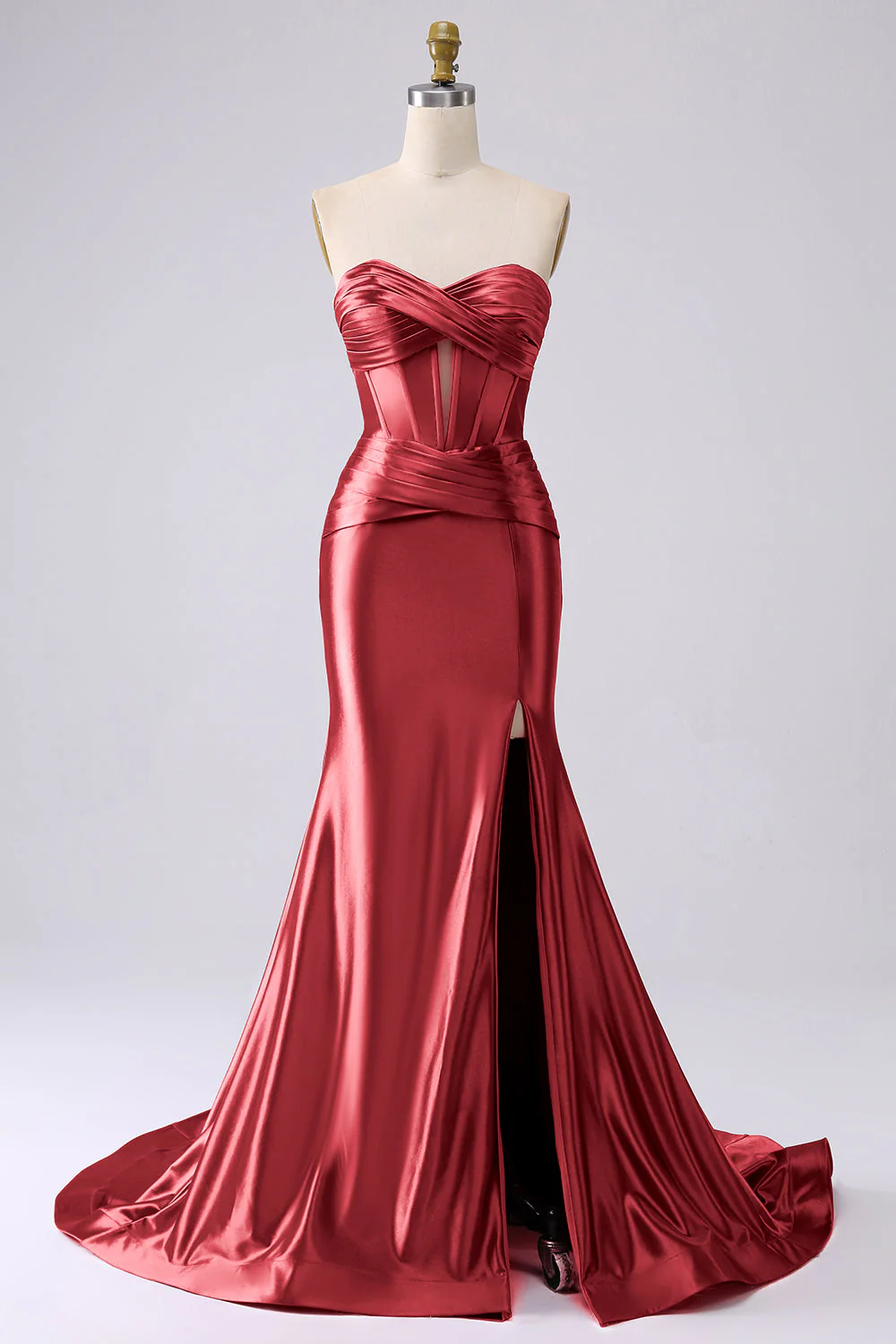 Corset sirène en satin sans bretelles fuchsia longue robe de bal taille PLus avec fente - Image 24