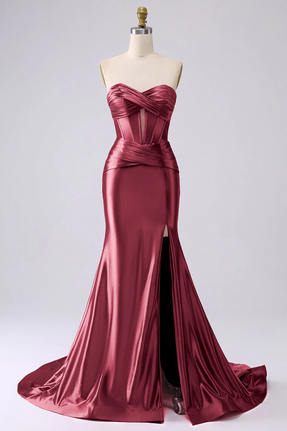 Corset sirène en satin sans bretelles fuchsia longue robe de bal taille PLus avec fente - Image 26