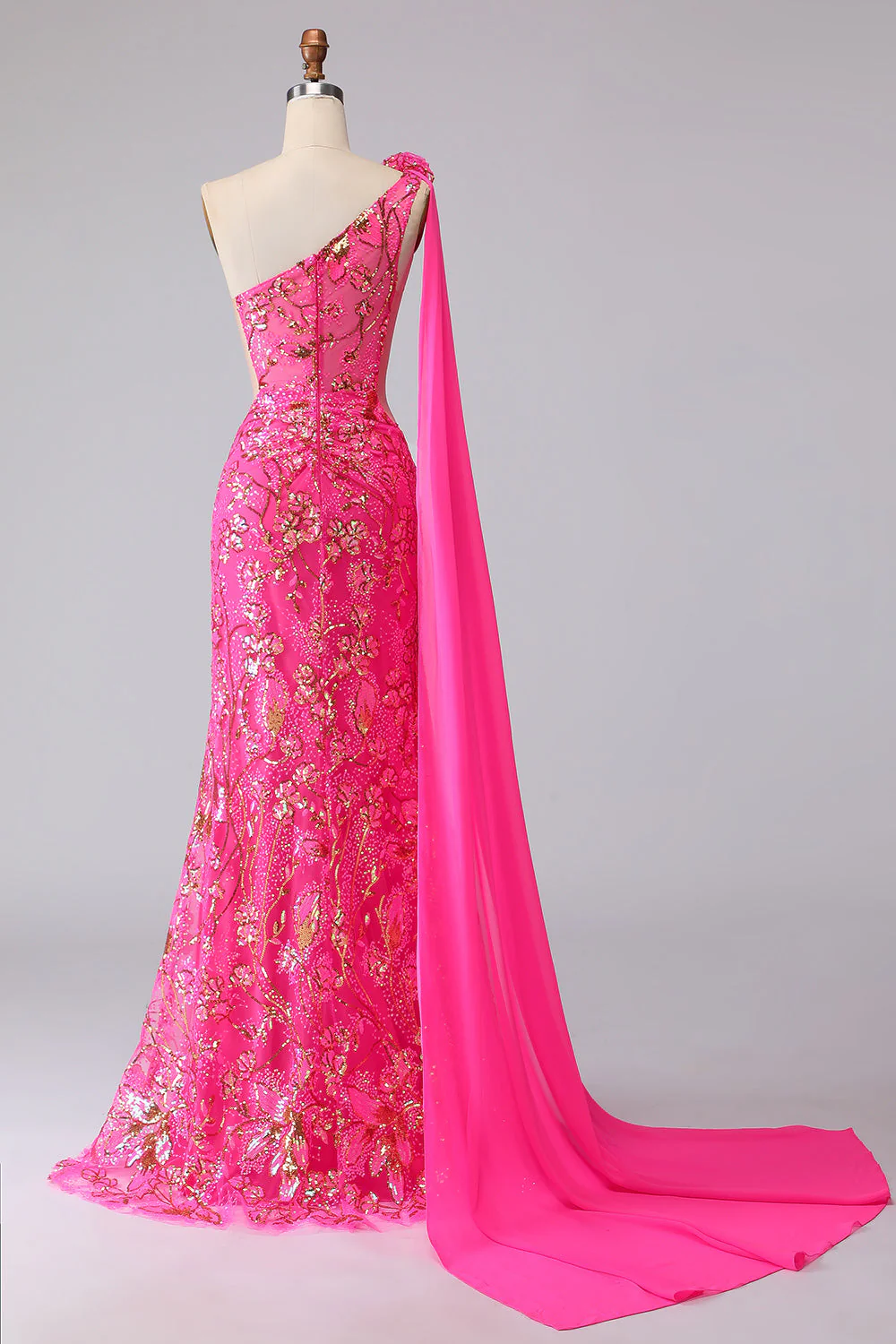 Corset sirène fuchsia, robe de bal longue à une épaule découpée avec une épaule - Image 2