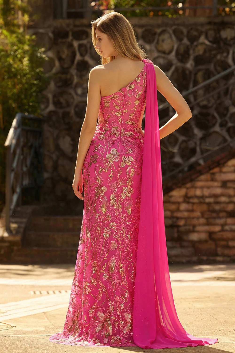 Corset sirène fuchsia, robe de bal longue à une épaule découpée avec une épaule - Image 4
