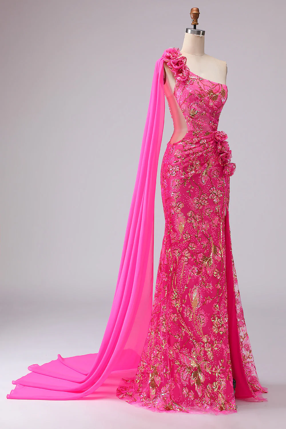 Corset sirène fuchsia, robe de bal longue à une épaule découpée avec une épaule - Image 5