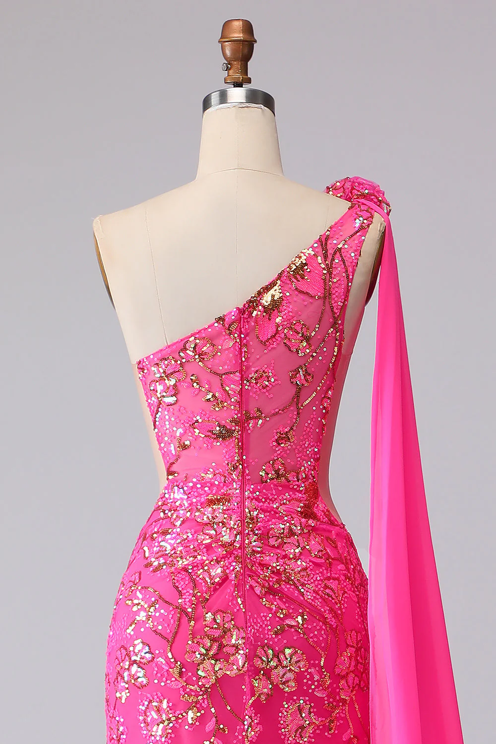 Corset sirène fuchsia, robe de bal longue à une épaule découpée avec une épaule - Image 7