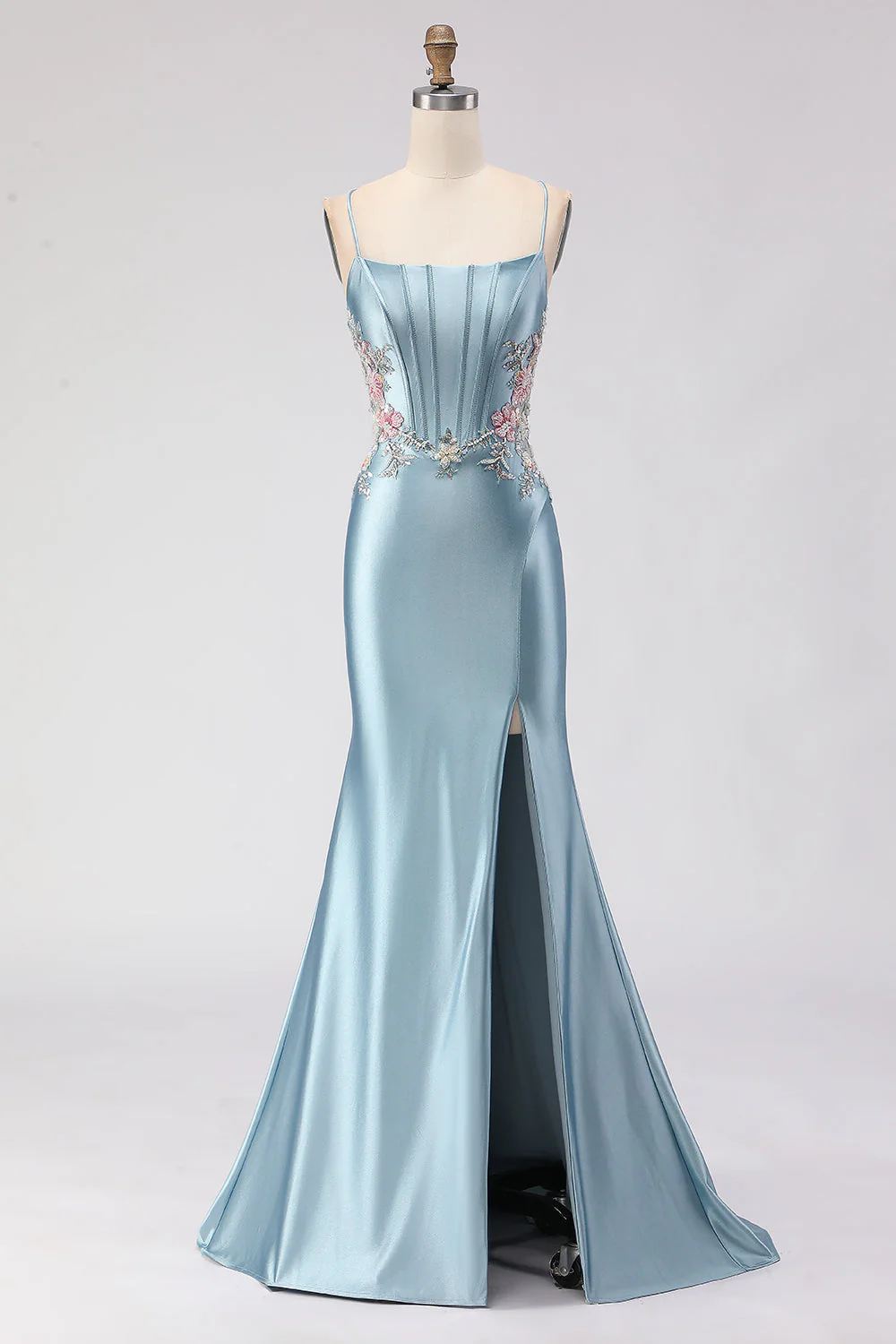 Corset sirène gris-bleu en dentelle perlée dans le dos, longue robe de bal avec fente