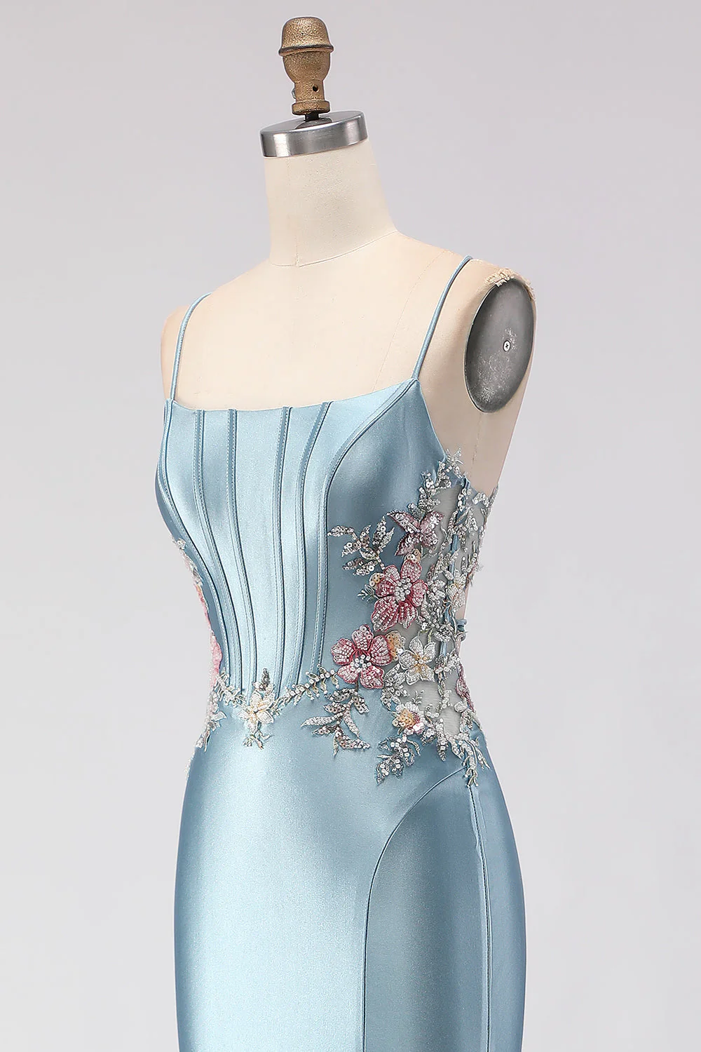 Corset sirène gris-bleu en dentelle perlée dans le dos, longue robe de bal avec fente - Image 6