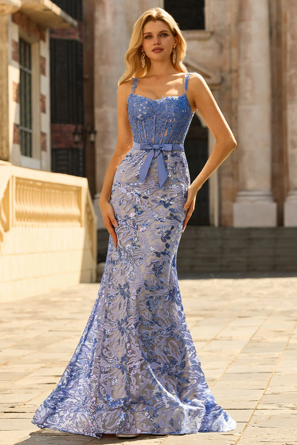 Corset sirène gris-bleu, robe longue perlée à sequins avec un nœud de promo