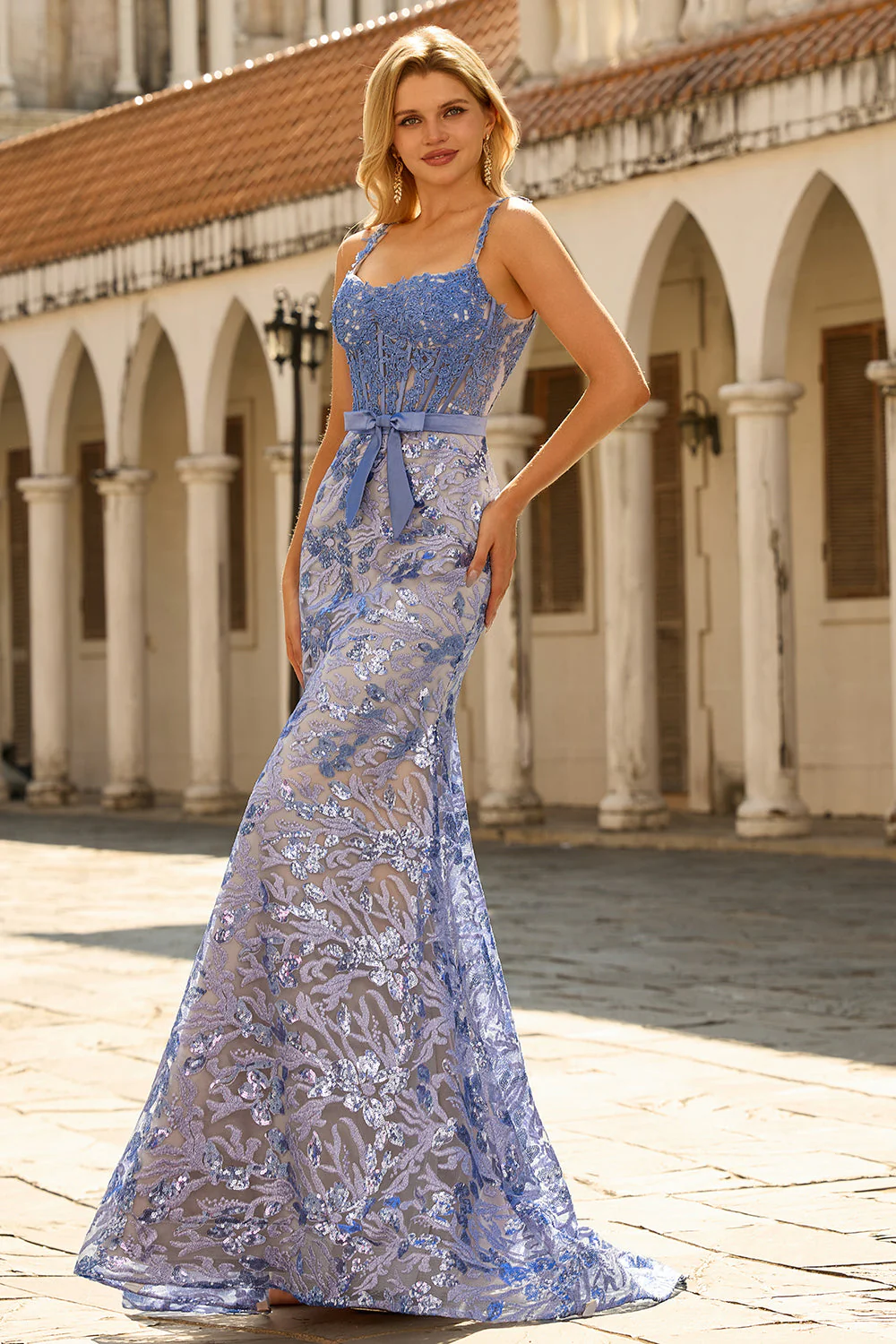 Corset sirène gris-bleu, robe longue perlée à sequins avec un nœud de promo - Image 5