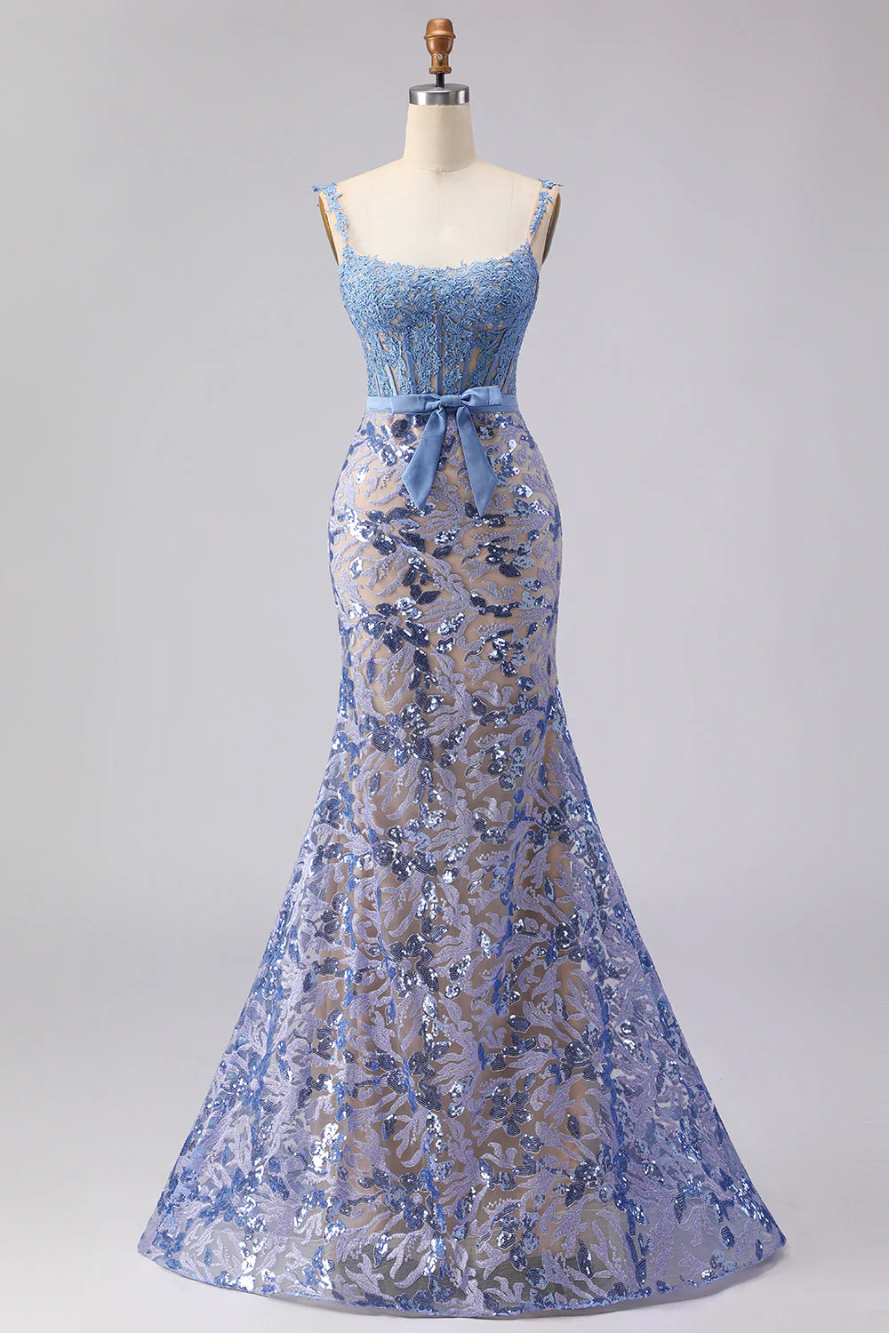 Corset sirène gris-bleu, robe longue perlée à sequins avec un nœud de promo - Image 7