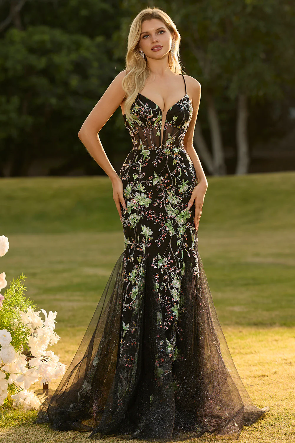 Robe De Soirée longue sirène corset floral noir scintillant avec paillettes