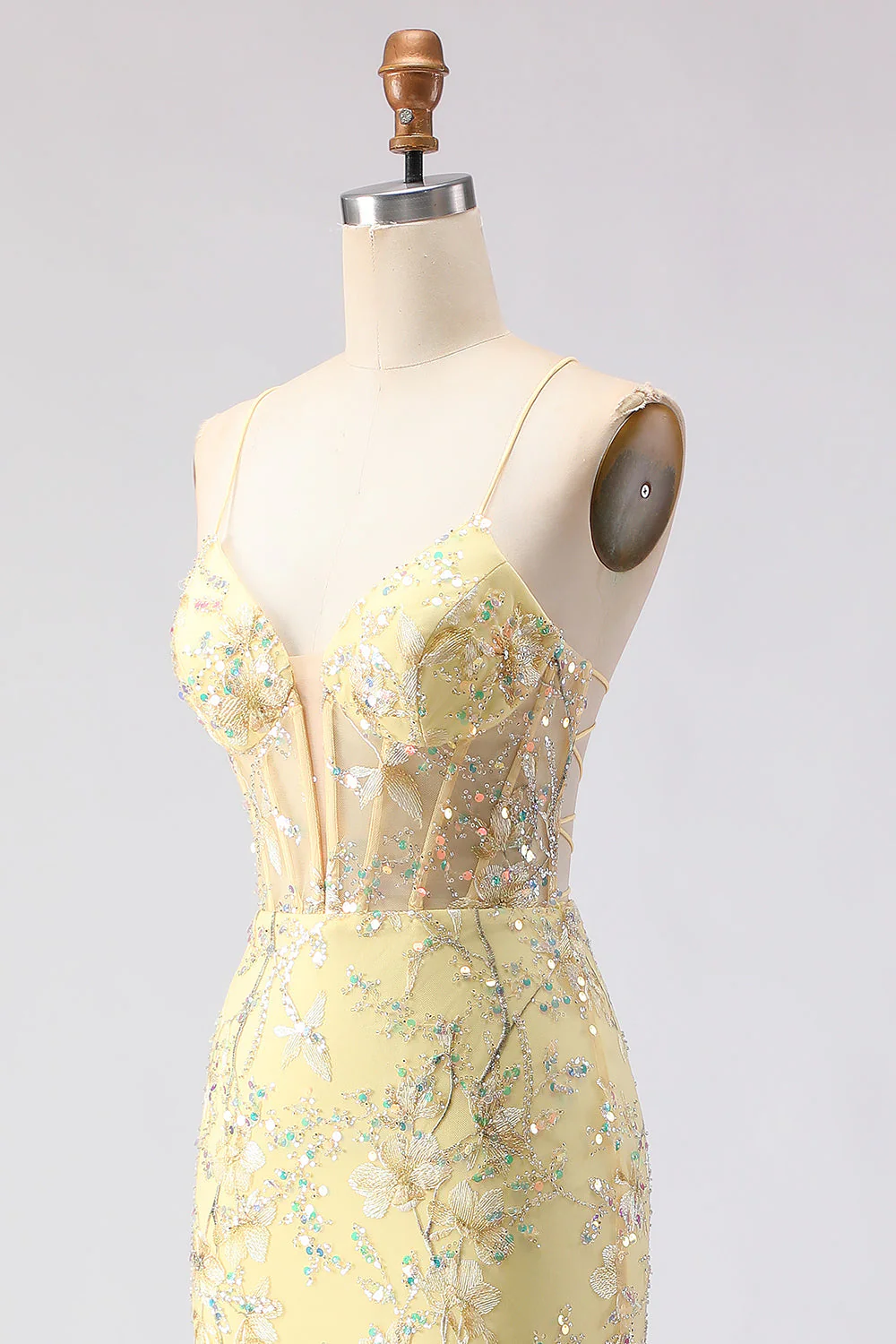 Robe de soirée sirène longue rose bustier fleuri lacé dans le dos avec paillettes - Image 30