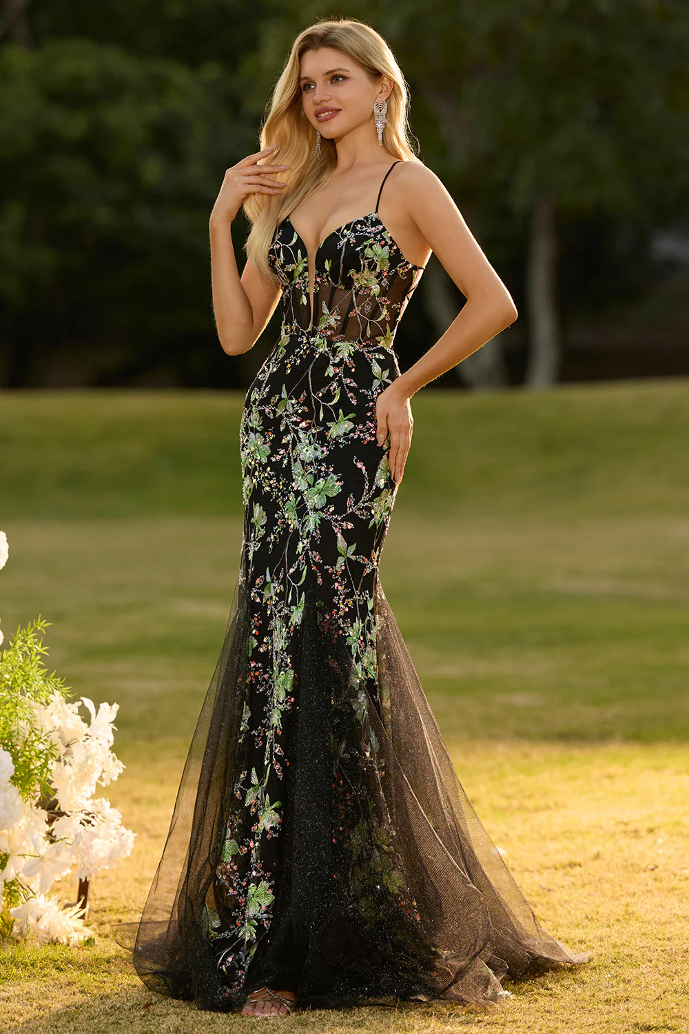Robe De Soirée longue sirène corset floral noir scintillant avec paillettes - Image 5