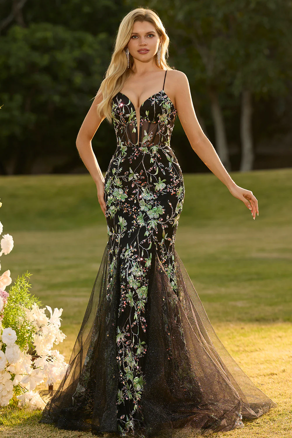 Robe De Soirée longue sirène corset floral noir scintillant avec paillettes - Image 7