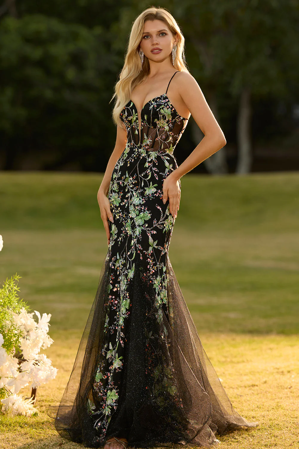 Robe De Soirée longue sirène corset floral noir scintillant avec paillettes - Image 8