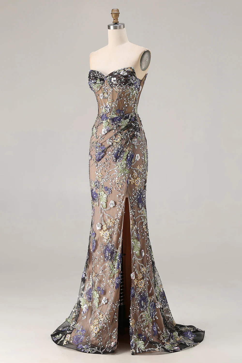 Corset sirène noire sans bretelles à sequins appliqués à longues robe de bal avec fente - Image 3