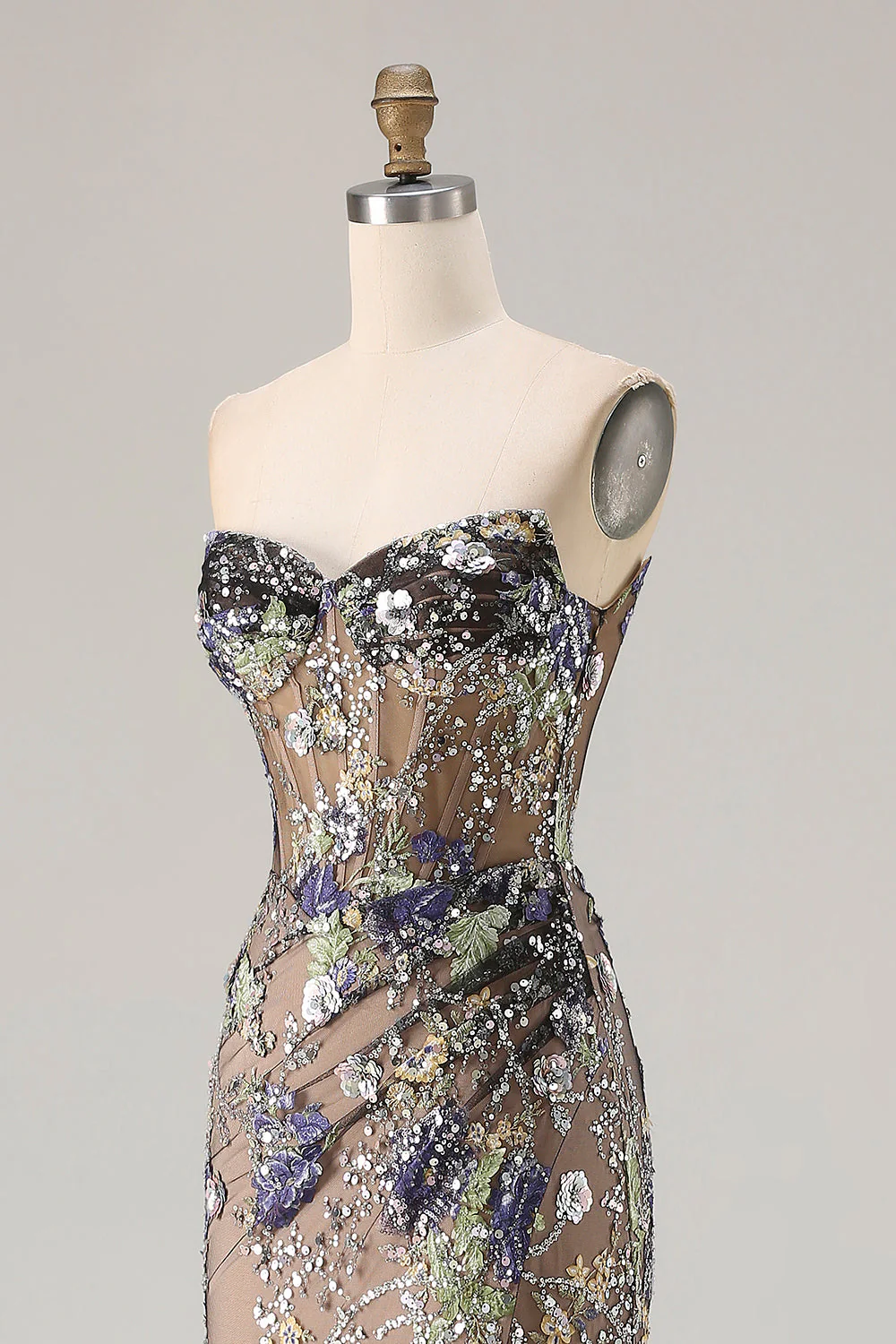 Corset sirène noire sans bretelles à sequins appliqués à longues robe de bal avec fente - Image 6