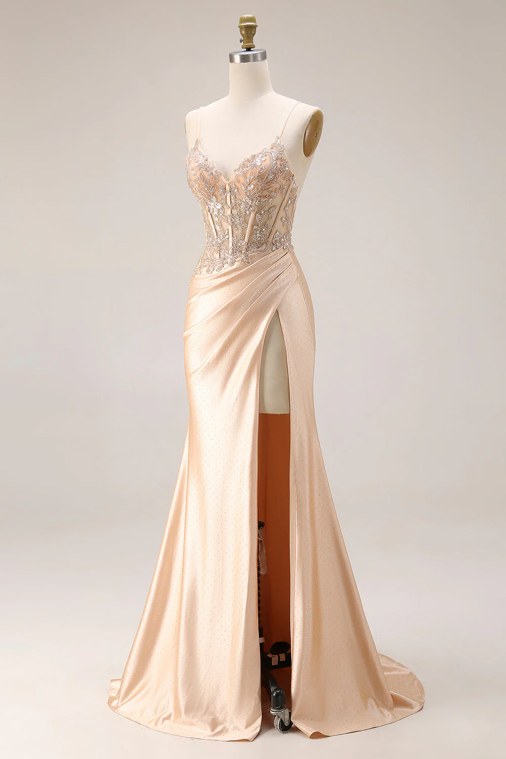 Corset sirène perlée de champagne Longue robe de bal en satin avec fente - Image 3